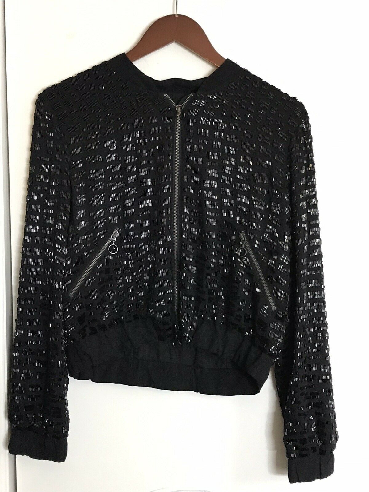 ROSA CHA Black Beaded Bomber Jacket size Small