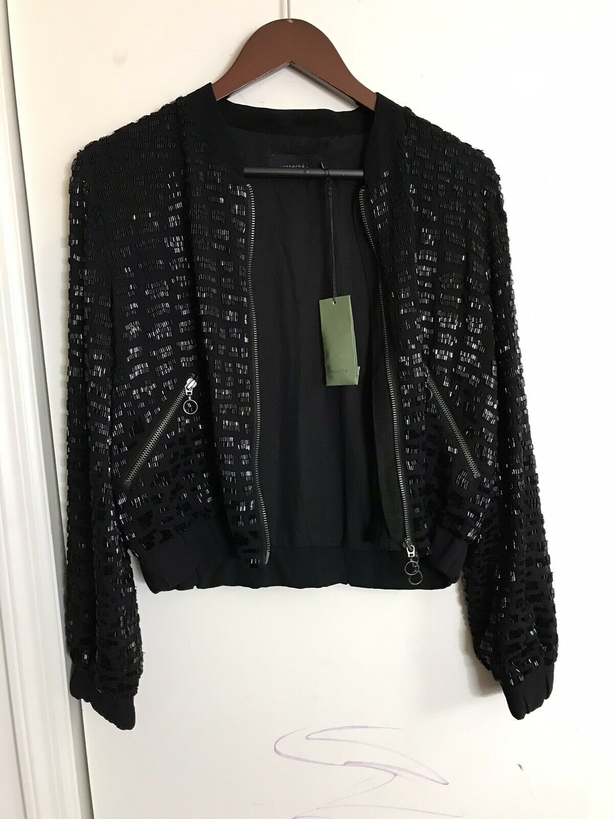 ROSA CHA Black Beaded Bomber Jacket size Small