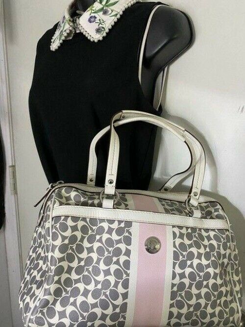 coach medium handbag gray white coated canvas tote