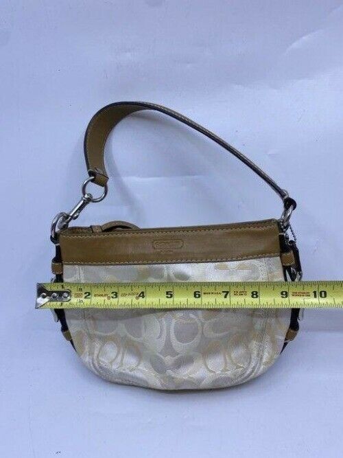 coach mini bag tan silver fabric tote