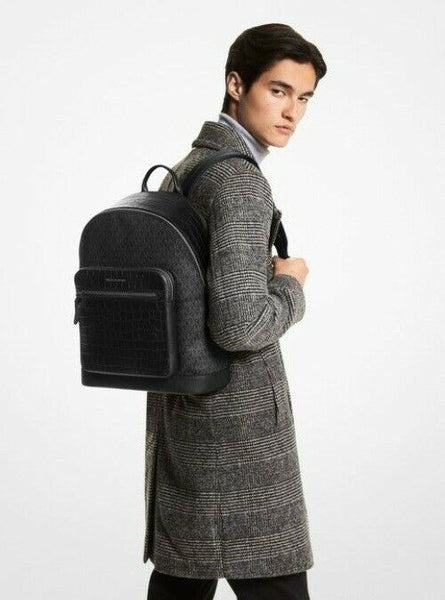 Michael Kors Hudson Crocodile Embossed And Logo Black Leather Backpack