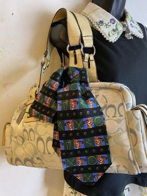 coach w all over logo w add on pooh tie white blue jacquard fabric tote