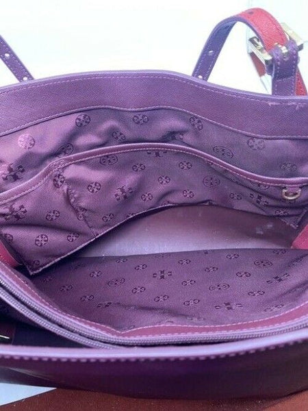 Tory Burch Emerson Buckle Laptop Burgunday Saffiano Leather Shoulder Bag