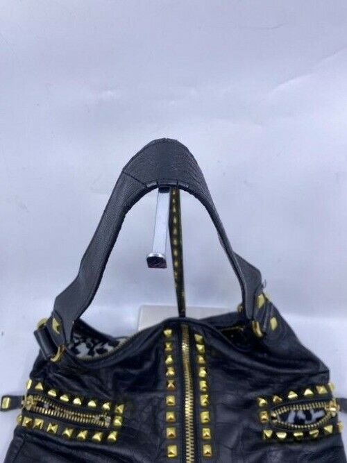 Betsey Johnson Large Studded Zippered Black Leather Shoulder Bag