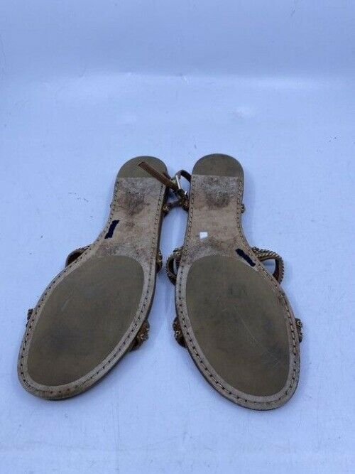 Jimmy Choo Brown Nickel Flat Tan Leather With Chain Sandals Size Eu