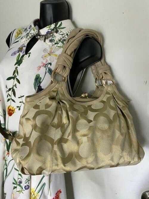 coach medium material pink beige fabric shoulder bag