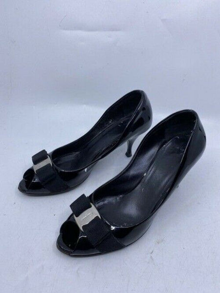 Salvatore Ferragamo Black Ribes Open Toe Bow Pumps Size Us