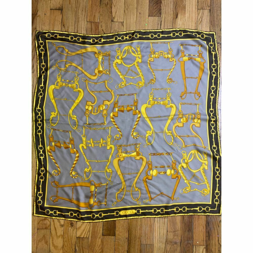 GUCCI Silk Scarf Gray Yellow Brown Msrp 550