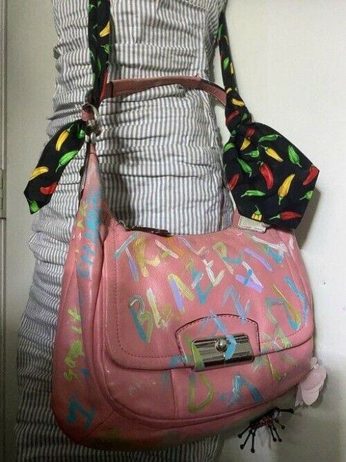 Coach w hand customized by me w applique street art coral hobo bag