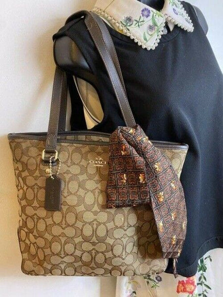 coach w all over logo w add on pooh beige brown jacquard fabric tote
