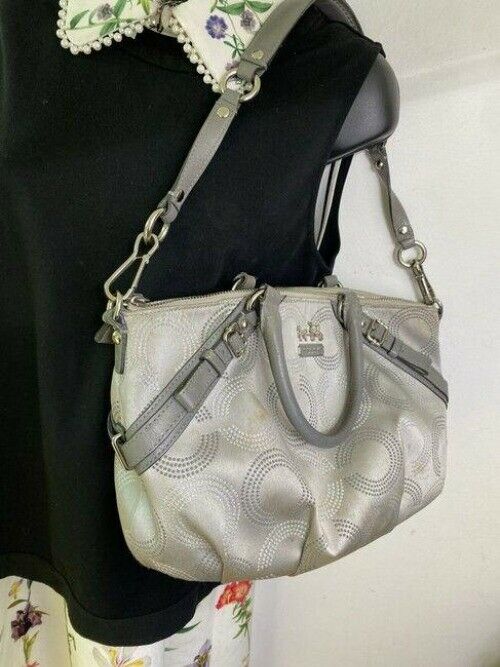 coach bag large silver gray fabric tote