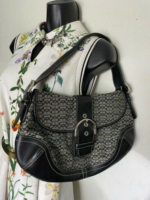 coach medium material black beige fabric shoulder bag