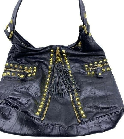 Betsey Johnson Large Studded Zippered Black Leather Shoulder Bag