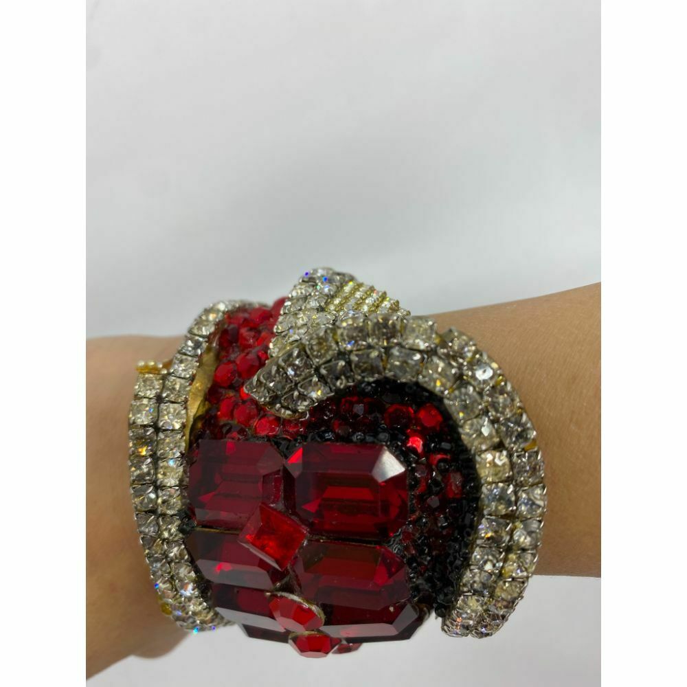 Rare! WENDY GELL 1985 Signed Red Be Jeweled Cuff Bracelet