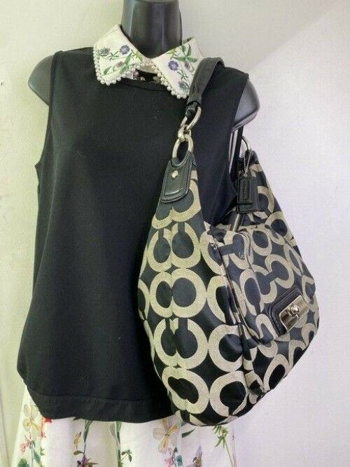 coach bag cream black fabric tote