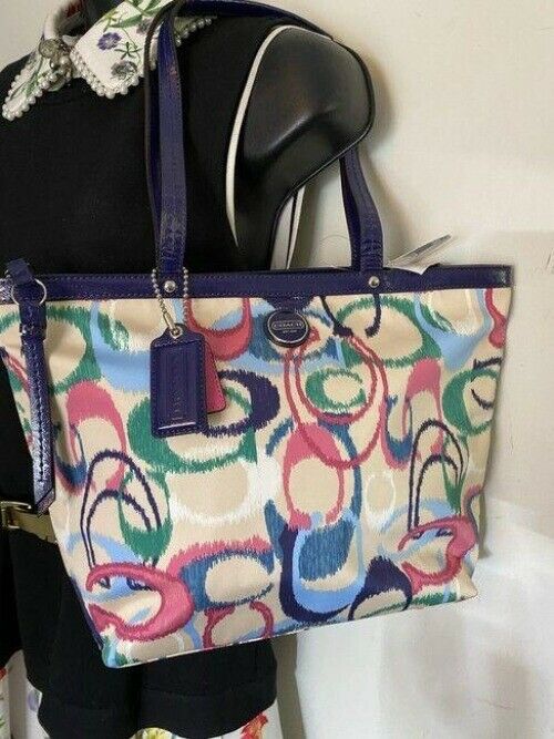 coach bag blue beige pink green fabric tote