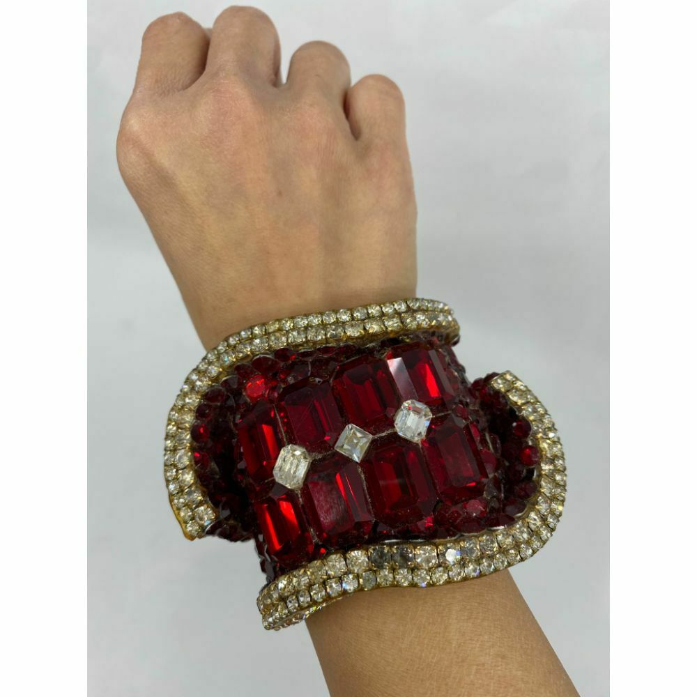 Rare! WENDY GELL Signed 1983 Red Be jewelled Cuff Bracelet