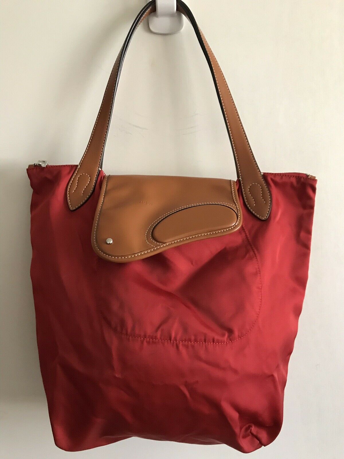 RALPH LAUREN Extra Large Red Nylon Tote With Leather Detail
