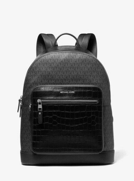 Michael Kors Hudson Crocodile Embossed And Logo Black Leather Backpack
