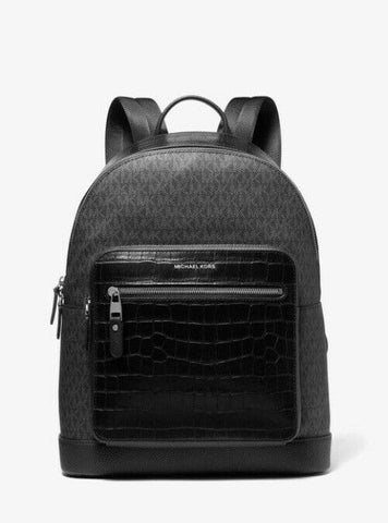 Michael Kors Hudson Crocodile Embossed And Logo Black Leather Backpack