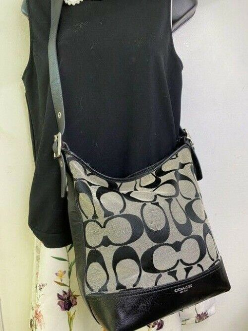 coach beige black jacquard fabric cross body bag