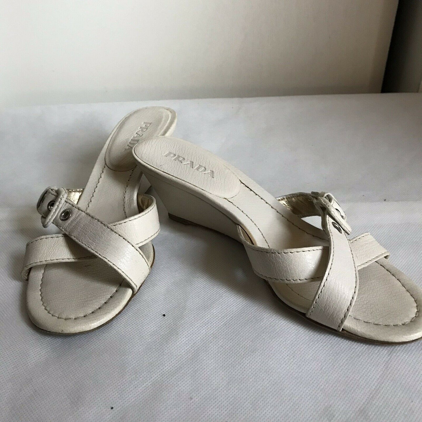 PRADA White Leather Wedge Sandals