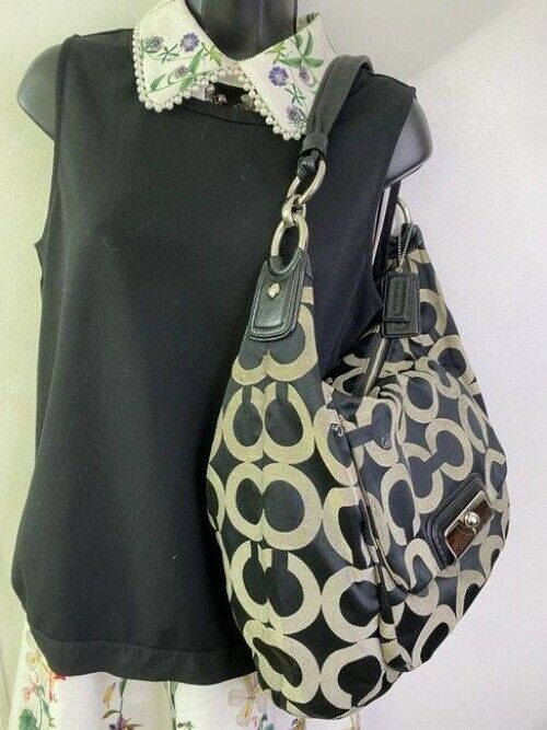 coach bag cream black fabric tote