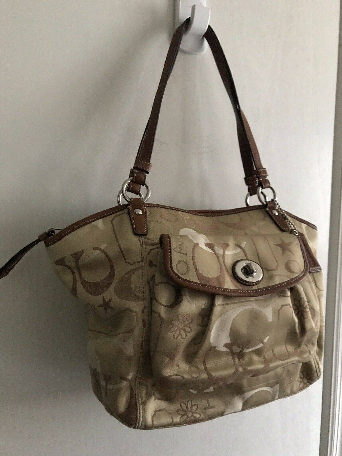 COACH Khaki Medium/Large Satin Monogram Tote