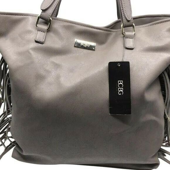 BCBG Fringe Tote Gray Faux Leather Shoulder Bag