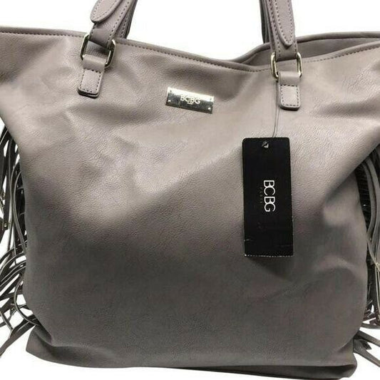 BCBG Fringe Tote Gray Faux Leather Shoulder Bag