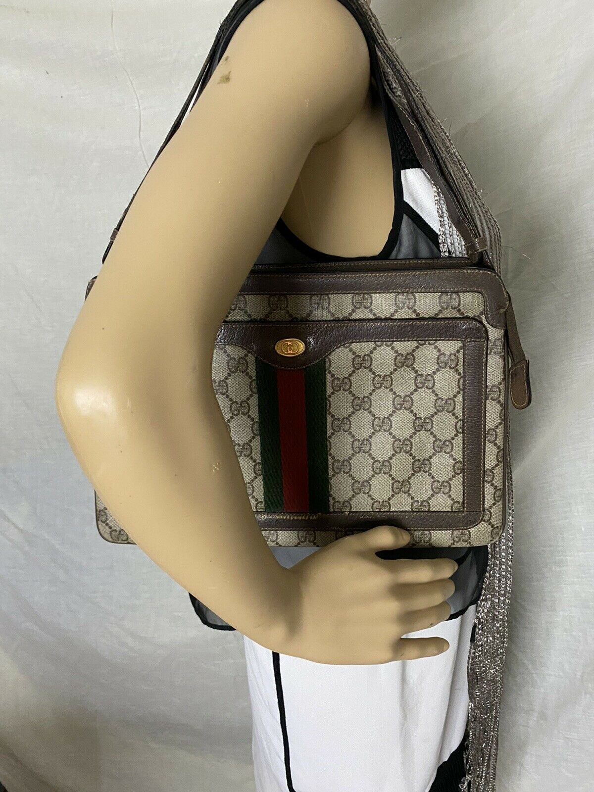 GUCCI Vintage  Brown Canvas/  Leather Shoulder Bag W Adjustable Strap