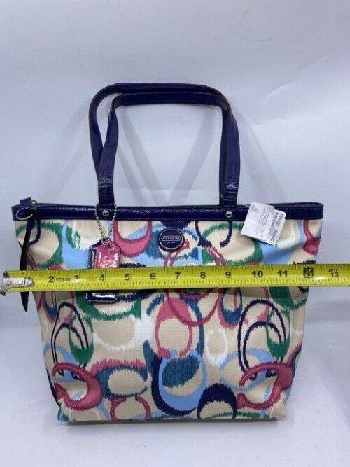 coach bag blue beige pink green fabric tote