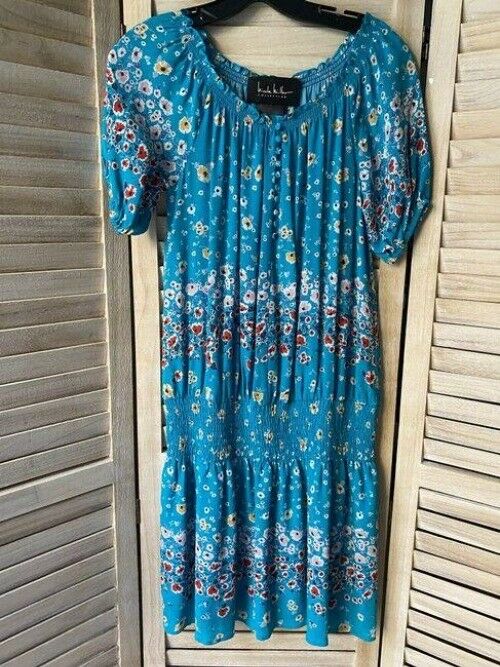 Nicole Miller Sky Blue New Floral Smocking Small Msrp Mid Length Short Casual Dr
