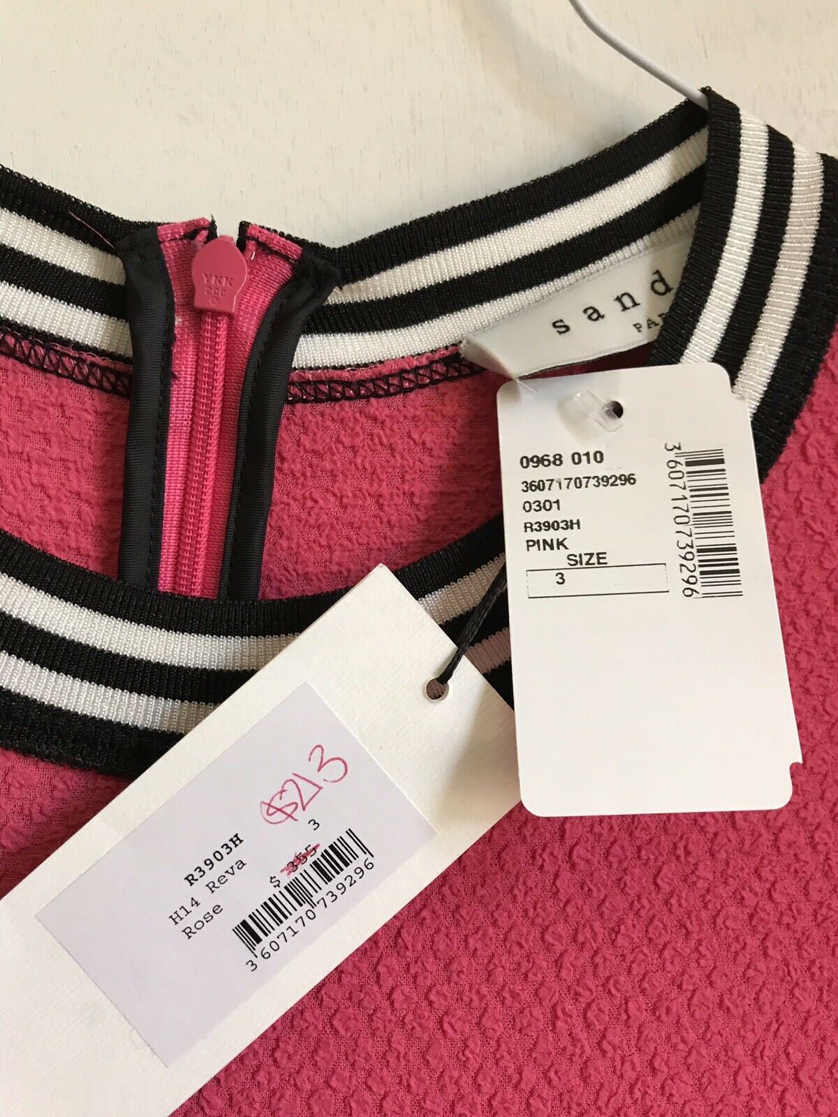 NWT SANDRO Pink SS Dress W Athletic Stripe Detail