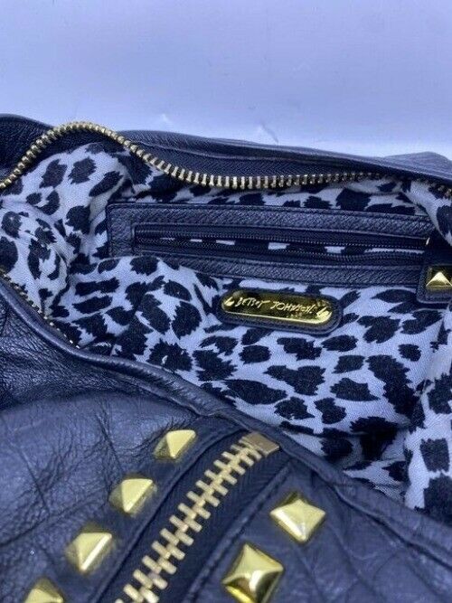 Betsey Johnson Large Studded Zippered Black Leather Shoulder Bag