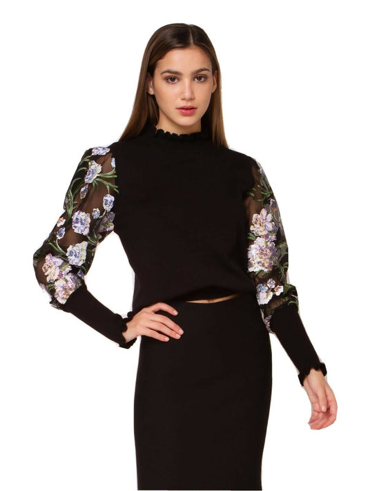 NWT! GRACIA Black LS knit Top W/ polka Dot S/M/L