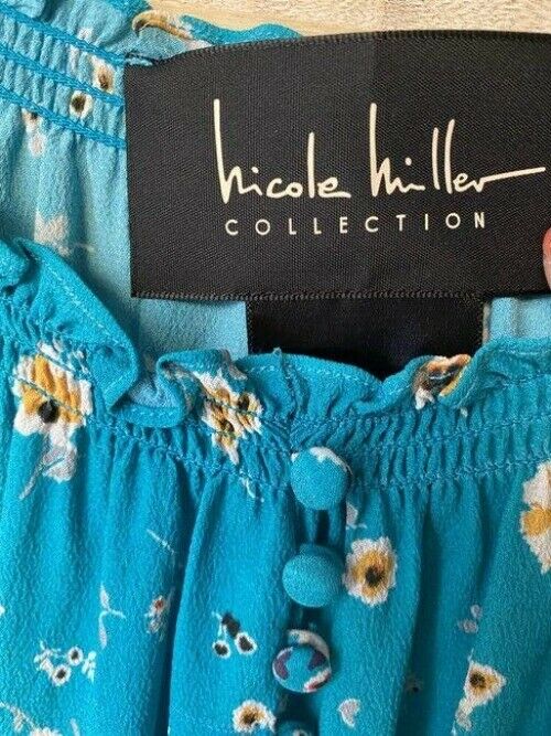 Nicole Miller Sky Blue New Floral Smocking Small Msrp Mid Length Short Casual Dr