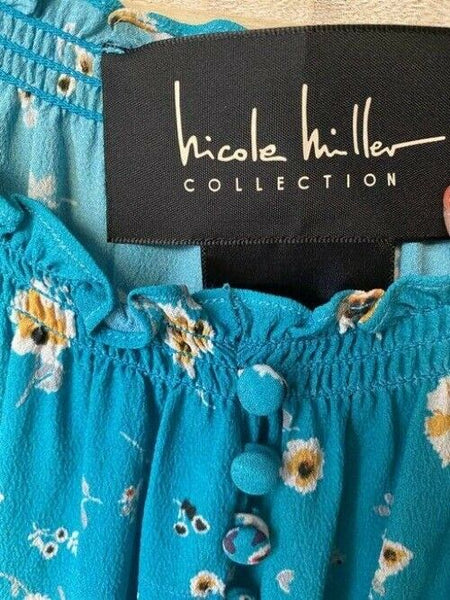 Nicole Miller Sky Blue New Floral Smocking Small Msrp Mid Length Short Casual Dr