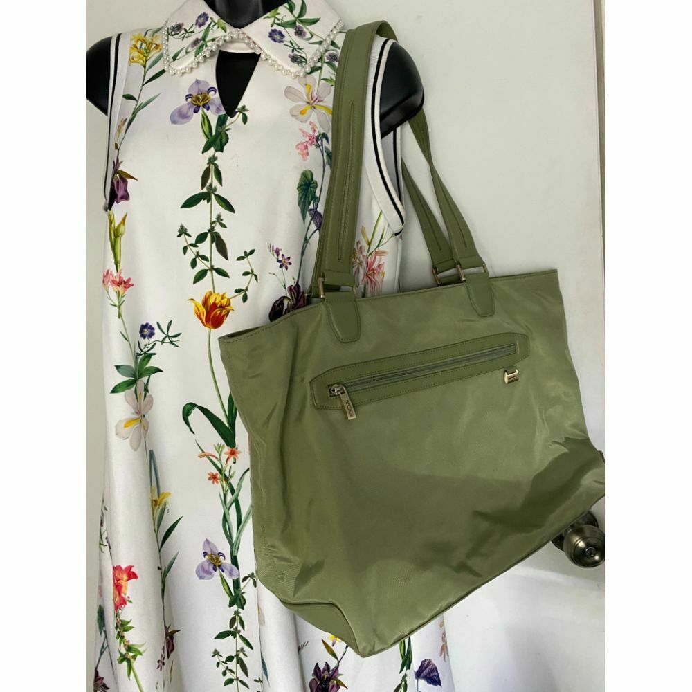 TUMI Green Nylon Tote Bag Large Size w/ Leather Trim Good Condition