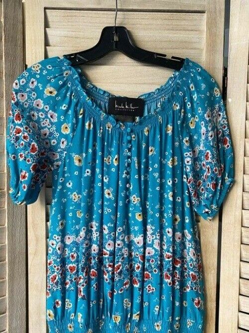 Nicole Miller Sky Blue New Floral Smocking Small Msrp Mid Length Short Casual Dr