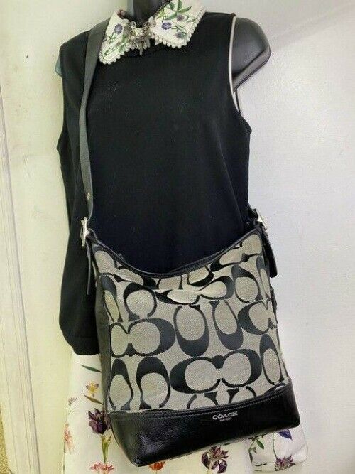 coach beige black jacquard fabric cross body bag