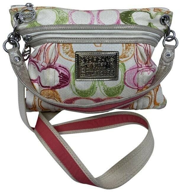 coach msrp white pink green fabric cross body bag