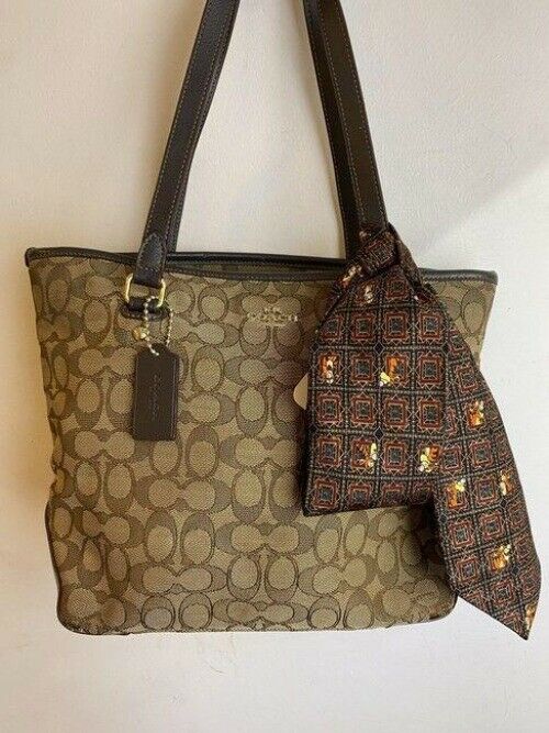 coach w all over logo w add on pooh beige brown jacquard fabric tote