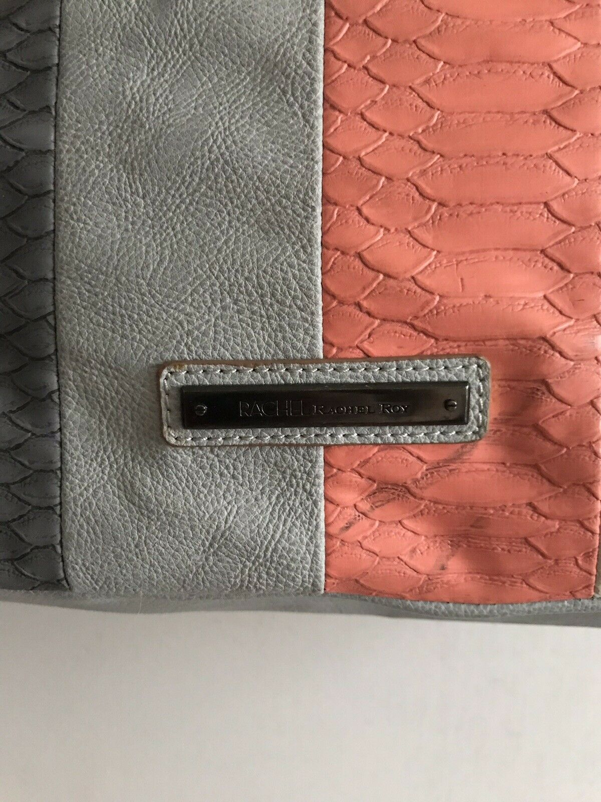 RACHEL ROY Extra Large Faux Leather Blue/Grey/Coral Tote