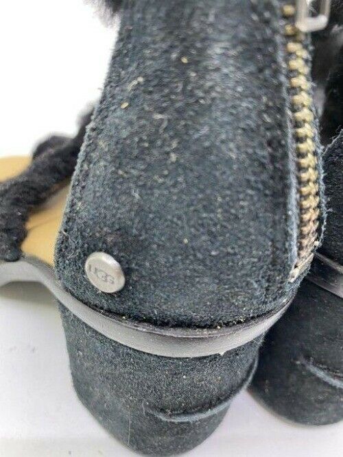 ugg australia black tan heeled fuzzy zip up sandals size us