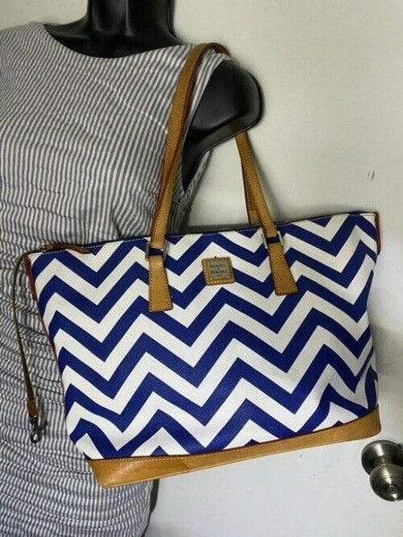 Dooney and Bourke shopping xl zig zag in blue white coated canvas tote