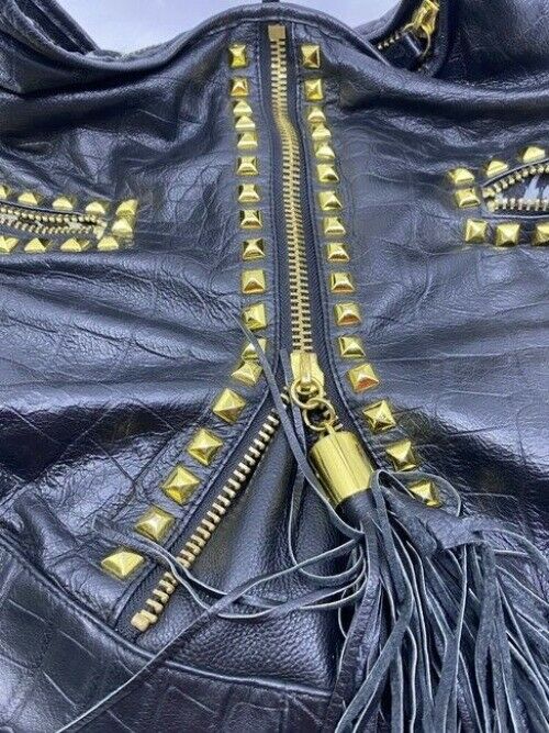 Betsey Johnson Large Studded Zippered Black Leather Shoulder Bag
