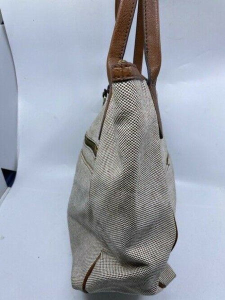 Fossil Tote Brown White Nylon Fabric Shoulder Bag