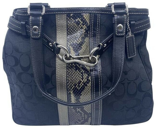 Coach Signature Stripe Python Black Fabric Shoulder Bag