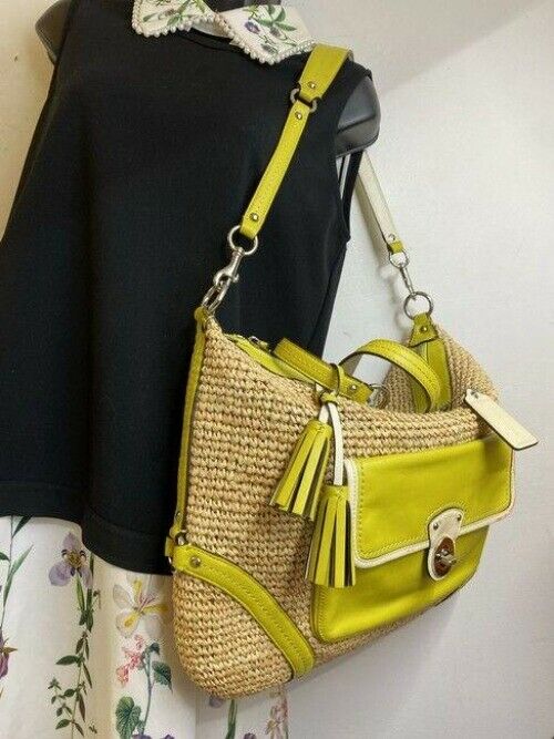 coach xl w w leather trim tan green woven straw tote